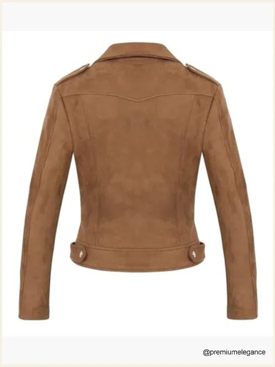 Faux Suede Moto Biker Jacket with Fringe, Fitted, Long Sleeve - Picture 4 of 6